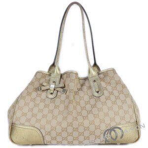 Gucci GG Canvas Princy Tote beige metallic gold bow